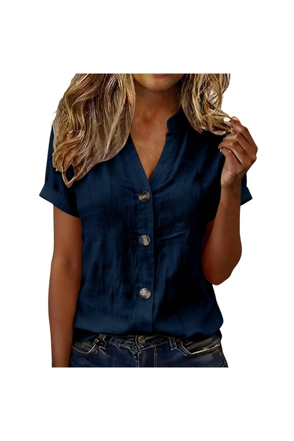 Cotton Linen T-Shirts for Women Short Sleeve Button Down Blouses V Neck Casual Loose Fit Cotton Linen Clothes Summer Tops Navy M