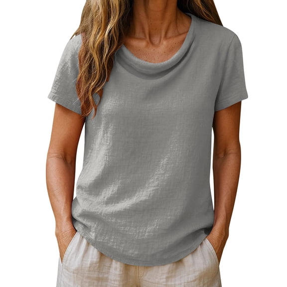 Olyvenn Cotton Linen T-Shirts for Women Summer Tops - Loose Short Sleeve Crew Neck Basic Casual Business Work Office Blouse Gray S