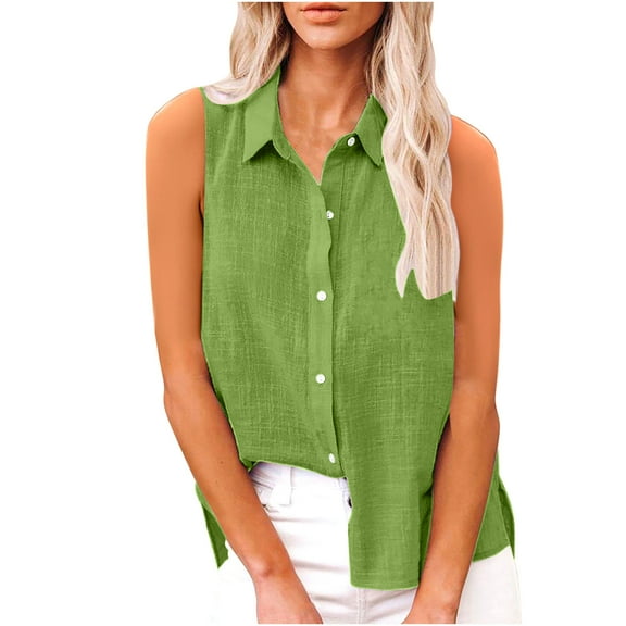 Olyvenn Cotton Linen Tank Shirts for Women Sleeveless Collared Tops Oversized Button Up Blouses Work Shirts Casual Summer Tshirt Green XL