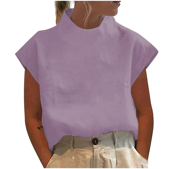 Olyvenn Cotton Linen Tops for Women Dressy Cap Sleeve Loose T Shirts Solid Color Turtleneck Casual Work Tunic Blouses Purple M