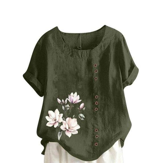 Olyvenn Cotton Linen Tops for Womens 2025 Crewneck Roll Up Short Sleeve Tshirt Trendy Floral Print Casual Loose Fitted Blouse Army Green S