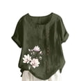 thumbnail image 1 of Olyvenn Cotton Linen Tops for Womens 2025 Crewneck Roll Up Short Sleeve Tshirt Trendy Floral Print Casual Loose Fitted Blouse Army Green XL, 1 of 4