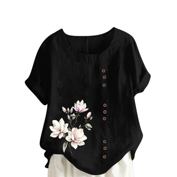Olyvenn Cotton Linen Tops for Womens 2025 Crewneck Roll Up Short Sleeve Tshirt Trendy Floral Print Casual Loose Fitted Blouse Black L