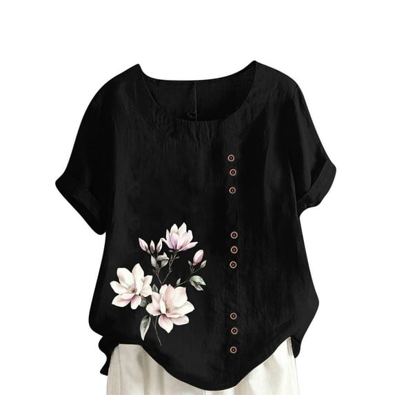 Olyvenn Cotton Linen Tops for Womens 2025 Crewneck Roll Up Short Sleeve Tshirt Trendy Floral Print Casual Loose Fitted Blouse Black S