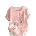 thumbnail image 1 of Olyvenn Cotton Linen Tops for Womens 2025 Crewneck Roll Up Short Sleeve Tshirt Trendy Floral Print Casual Loose Fitted Blouse Pink XXXXXL, 1 of 4