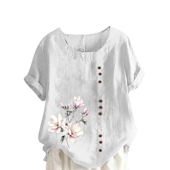 Olyvenn Cotton Linen Tops for Womens 2025 Crewneck Roll Up Short Sleeve Tshirt Trendy Floral Print Casual Loose Fitted Blouse White S
