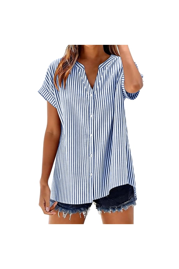 Cotton Short Sleeve Button Down Shirts for Women Gingham Plaid Striped Tops V Neck Casual Loose Blouse Blue XXL