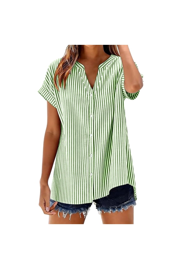 Cotton Short Sleeve Button Down Shirts for Women Gingham Plaid Striped Tops V Neck Casual Loose Blouse Green XL