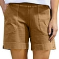 thumbnail image 1 of Olyvenn Cotton Shorts for Women Casual 7 Inch Inseam Shorts Summer Elastic Waist Short Vacation Beach Outfits with Pockets Khaki L, 1 of 7