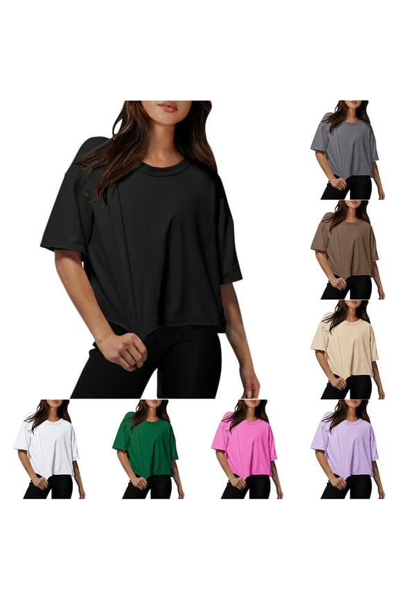 Cotton Tshirts for Women Drop Shoulder Crew Neck Oversized Crop Tops Workout Tops Tees Oversized Workout Cropped T Shirts Black 8