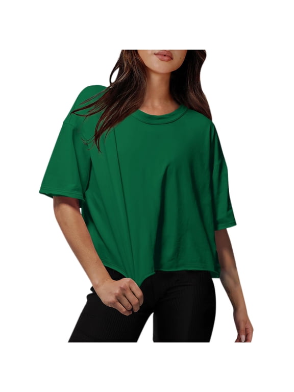 Cotton Tshirts for Women Drop Shoulder Crew Neck Oversized Crop Tops Workout Tops Tees Oversized Workout Cropped T Shirts Green 8