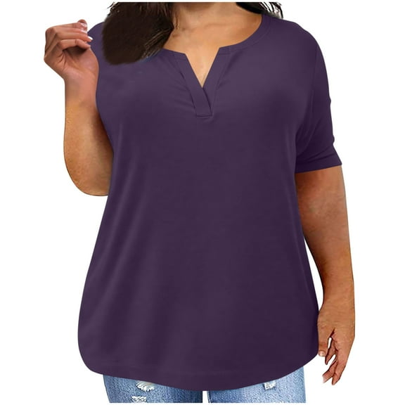 Olyvenn Cotton V Neck Tops for Women Plus Size Short Sleeve Shirts Losse Solid Tunic Blouse Soft Comfy Summer Daily Wear Purple XXL