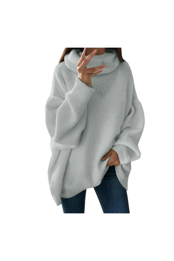Cowl Neck Knitted Sweaters Knitwear Women's Plus Long Sleeve Fashion Solid Casual Tops for Women Female Leisure Gray M