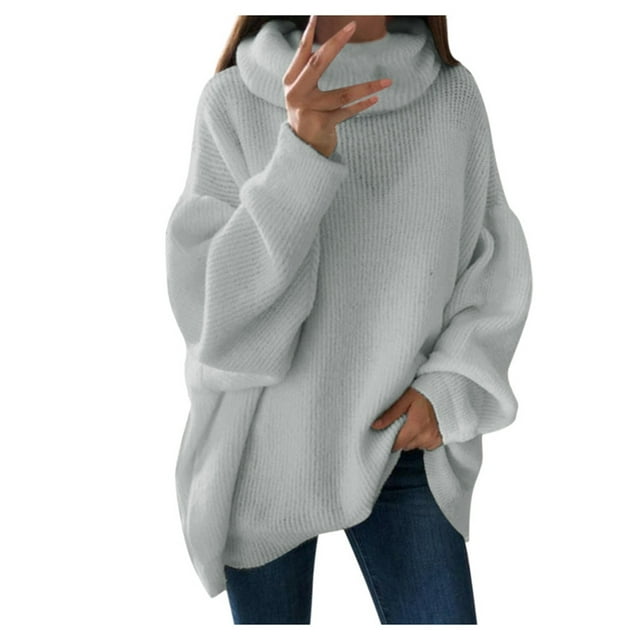 Olyvenn Cowl Neck Knitted Sweaters Knitwear Women's Plus Long Sleeve Fashion Solid Casual Tops for Women Female Leisure Gray XXL