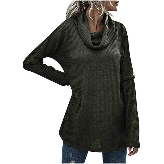 Olyvenn Cowl Neck Split Knit Midi Sweaters for Women Loose Casual Womens Fashion Long Sleeve Solid Color Ladies Sweaters Fashion Tops Female Leisure Army Green S