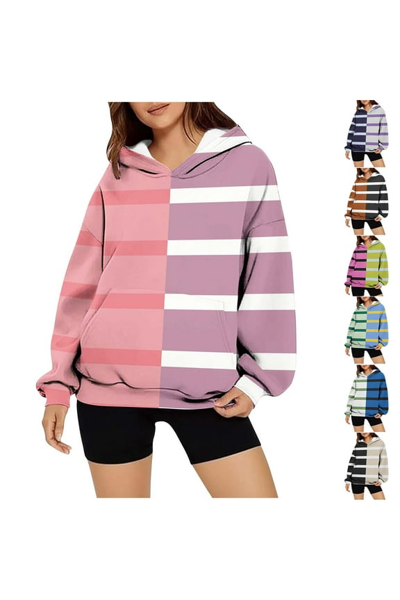 Crewneck Hoodies for Women Fashion 2025 Cute Long Sleeve Pullover Tops Oversized Striped Color Block Sweatshirts Coffee M