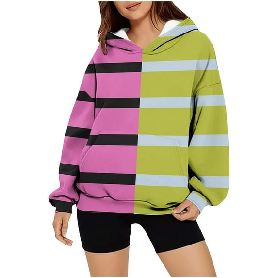 Olyvenn Crewneck Hoodies for Women Fashion 2025 Cute Long Sleeve Pullover Tops Oversized Striped Color Block Sweatshirts Hot Pink M