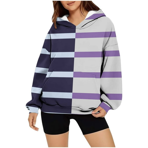 Olyvenn Crewneck Hoodies for Women Fashion 2025 Cute Long Sleeve Pullover Tops Oversized Striped Color Block Sweatshirts Navy XXL