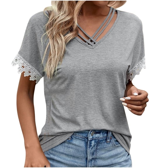 Olyvenn Criss Cross V Neck Tops for Women Lace Patchwork Short Sleeve Shirt Solid Color T Shirts Plus Size Loose Fit Blouse Gray XXXL