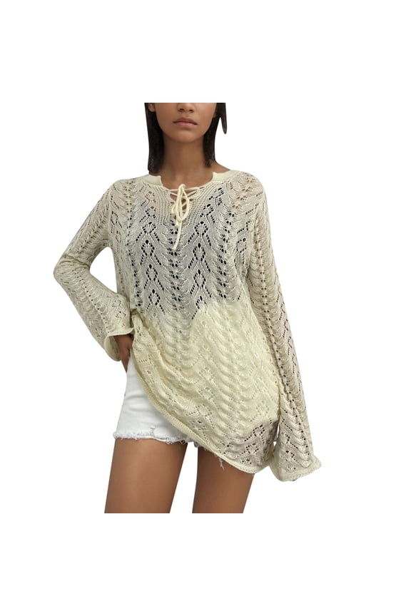 Crochet Hollow Out Bikini Coverup Top for Women Sheer Laceup V Neck Sexy Distressed Long Sleeve Knit Sweater Tops White XL