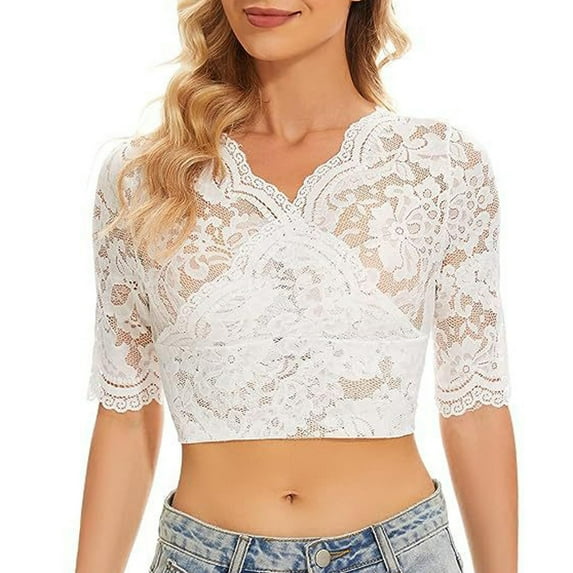 Olyvenn Crop Dirndl Undershirt Lace Patchwork Blouse Short Sleeve Flower Embroidered Traditional Soft Blouses for Women White M