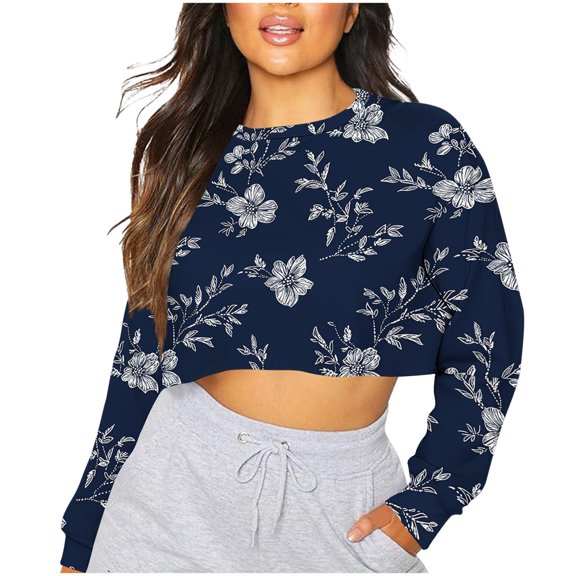 Olyvenn Crop Sweatshirts for Women Teen Girls Y2K Clothes Trendy Workout Retro Floral Tops Fall Winter Pullover Navy S