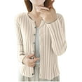 thumbnail image 1 of Olyvenn Cropped Cardigan Sweater for Women Long Sleeve Crewneck Button Down Knitted Sweaters Ladies Tops Fall Casual Open Front Coats Beige M, 1 of 3