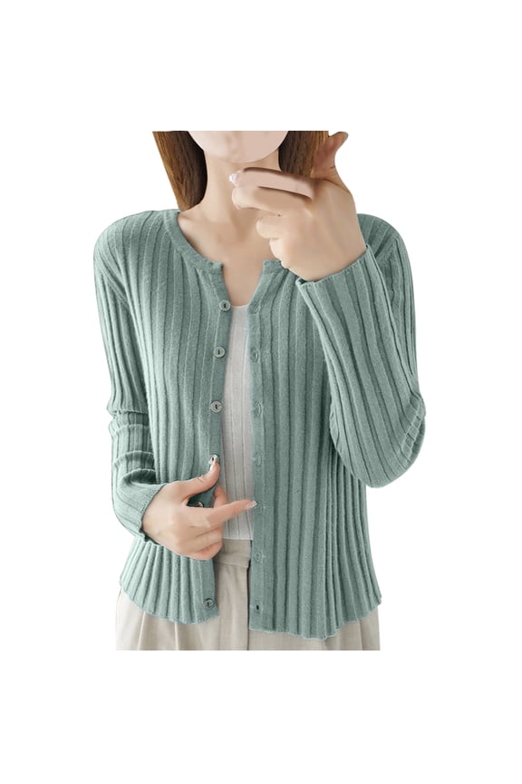 Cropped Cardigan Sweater for Women Long Sleeve Crewneck Button Down Knitted Sweaters Ladies Tops Fall Casual Open Front Coats Green M