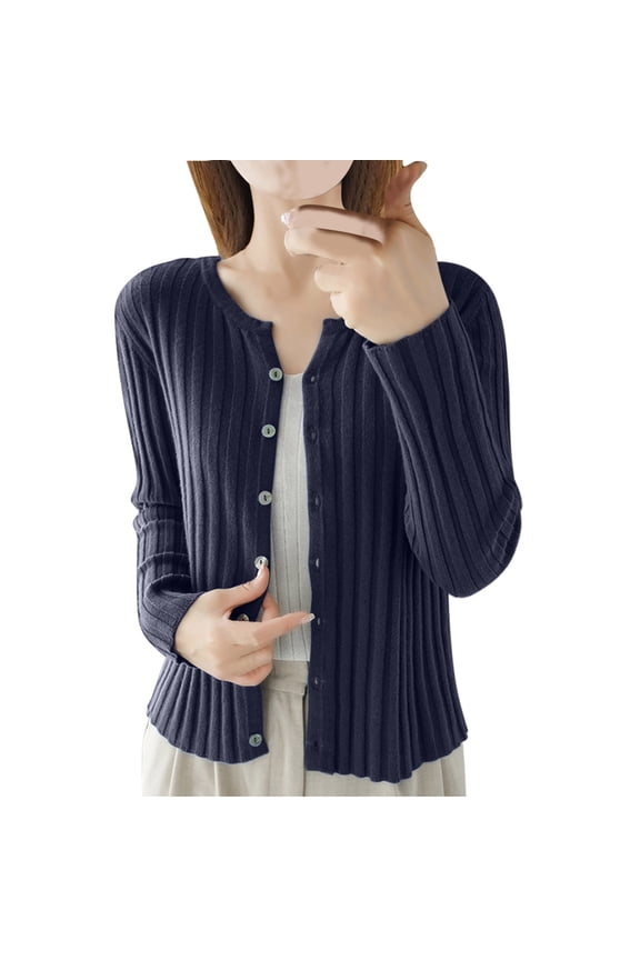 Cropped Cardigan Sweater for Women Long Sleeve Crewneck Button Down Knitted Sweaters Ladies Tops Fall Casual Open Front Coats Navy XL
