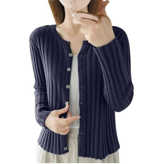 Olyvenn Cropped Cardigan Sweater for Women Long Sleeve Crewneck Button Down Knitted Sweaters Ladies Tops Fall Casual Open Front Coats Navy XXL