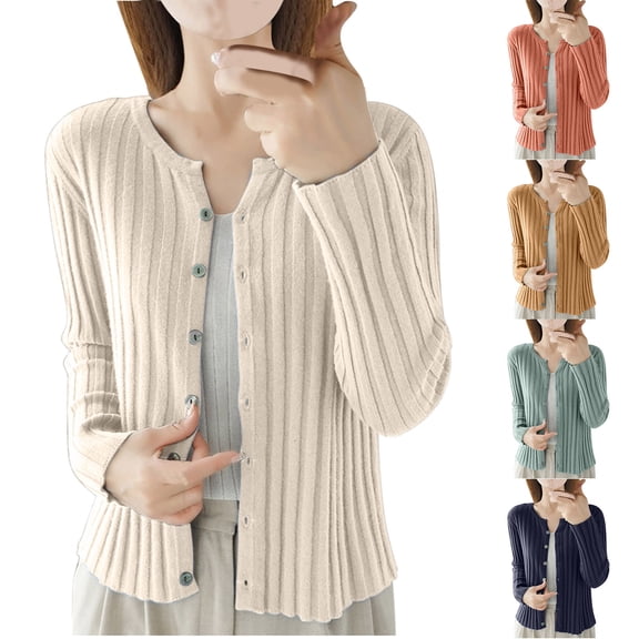Olyvenn Cropped Cardigan Sweater for Women Long Sleeve Crewneck Button Down Knitted Sweaters Ladies Tops Fall Casual Open Front Coats Pink L