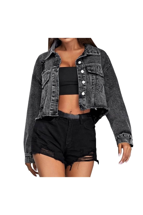 Cropped Ripped Tops Jacket Denim Coat Fashion Women Plus Bust Pocket Long Sleeve Solid Color Slim fit Button Lapel Female Outerwear Black L