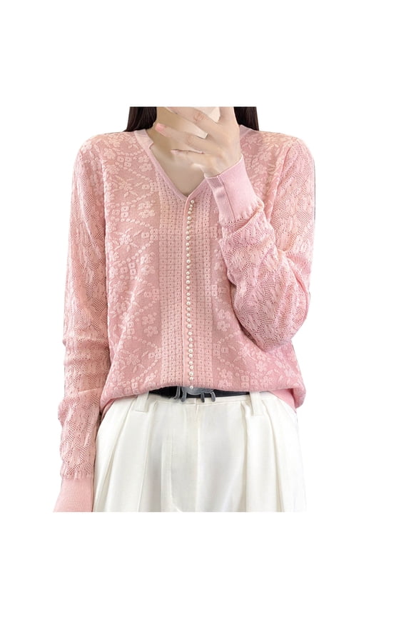 Cute Sweaters for Women Trendy Y2K Vintage Knitted Sweater Womens Fall Fashion 2025 Trends Floral Embroidery Tops Pink XL