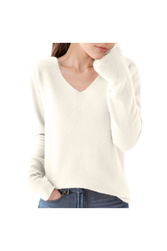 Cute Tunic Sweaters for Women Trendy Casual Loose Soft Sweater Sexy V Neck Ladies Solid Pullover Jumper Basic Tops Beige M