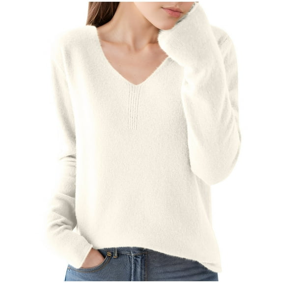 Olyvenn Cute Tunic Sweaters for Women Trendy Casual Loose Soft Sweater Sexy V Neck Ladies Solid Pullover Jumper Basic Tops Beige XXL