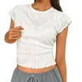 thumbnail image 1 of Olyvenn Cute White Crop Tops Lace Slim Fit Short Ruffle Sleeve T-Shirt Summer Ribbed Knit Fitted Casual Basic Tees White M, 1 of 9