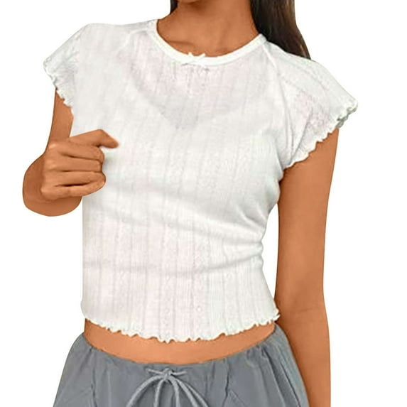 Olyvenn Cute White Crop Tops Lace Slim Fit Short Ruffle Sleeve T-Shirt Summer Ribbed Knit Fitted Casual Basic Tees White M