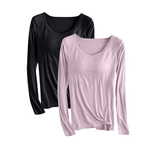 Olyvenn Stylish 2 Pack Women鈥檚 Sleep and Relaxed Pajamas Tops Long Sleeve Crewneck Lightweight Tee Built in Bra Ladies Sleep Shirts Black 12