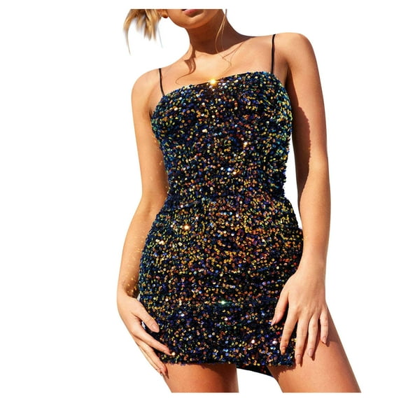 Olyvenn Stylish Fashion Ladies Mini Bodycon Party Dress Strapless Sleeveless Tube Dress Women's Spring And Summer Gradual Sequin Dress With Suspender Split Short Skirt Navy 6