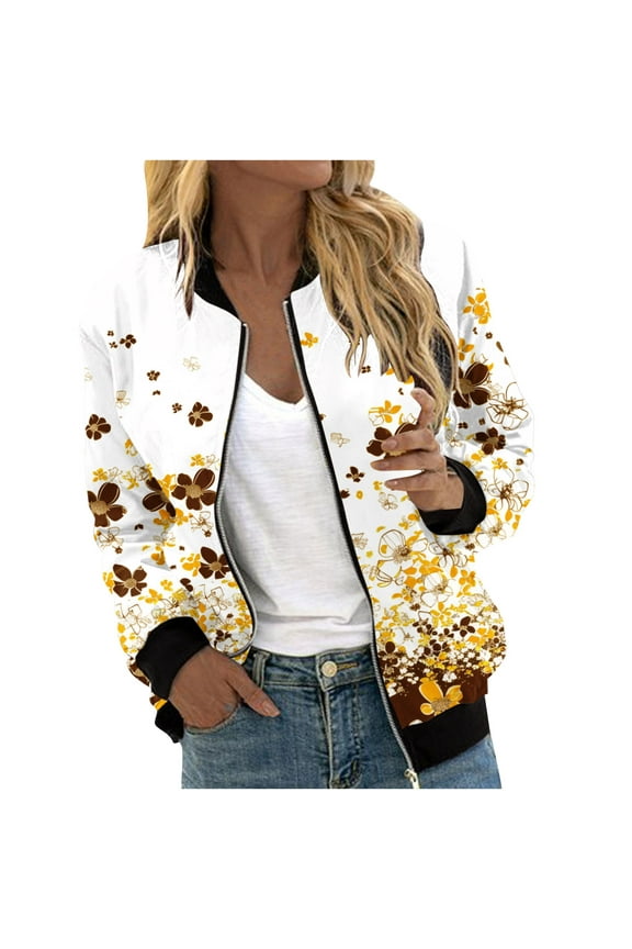 Stylish Women's Floral Bomber Jacket Long Sleeve Zipper Printed Lightweight Outerwear Yellow XXXL