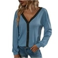 thumbnail image 1 of Olyvenn Stylish Women's V-Neck Long Sleeve Button Down Ribbed Knitted Cardigan Sweater Tops Contrast Color Slim Fit Basic Outwear Blue 6, 1 of 9