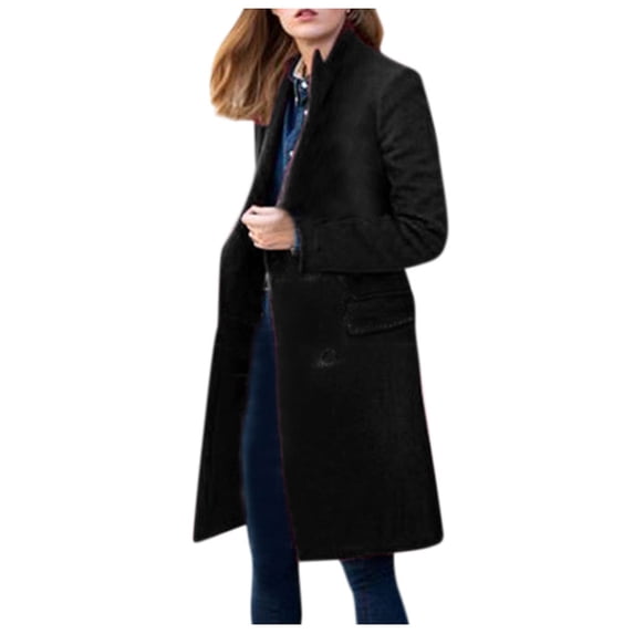 Olyvenn Stylish Women's Winter Warm Wool Blend Long Pea Coat Classic Slim Fit Double Breasted Overcoat Outwear with Pockets Black 8