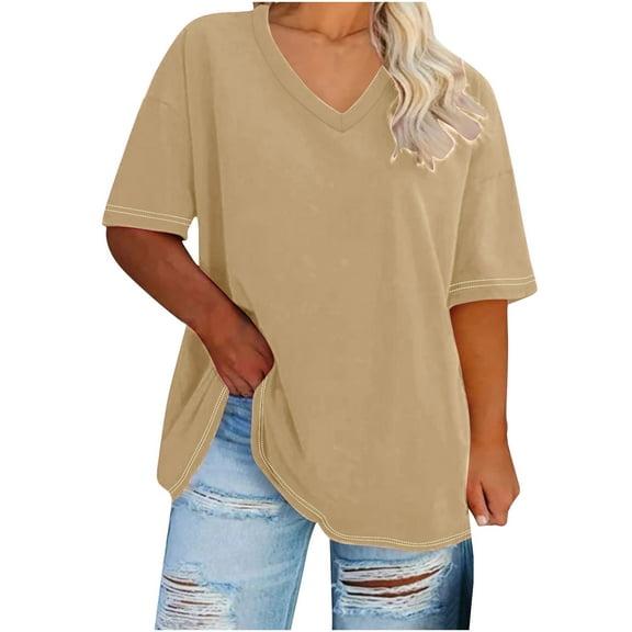 Olyvenn 2025 Oversized T Shirts Women's Plus Size Tees Casual Half Sleeve V Neck Shirt Summer Loose Comfy Basic Tunic Tops Khaki 18
