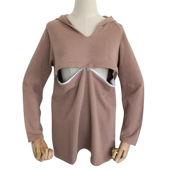 Olyvenn Stylish Women Breastfeeding Hoodies for Nursing Hooded Top Cotton Long Sleeve Maternity Shirt Pullover Pregnant Clothes Brown 8-10