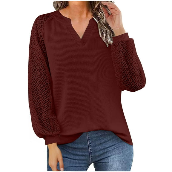 Olyvenn Stylish Basic Shirts for Women Hollow Out Long Sleeve Sweater Trendy Oversized V Neck Sweatshirt Soft Cozy Pullover Outdoors Wine 6