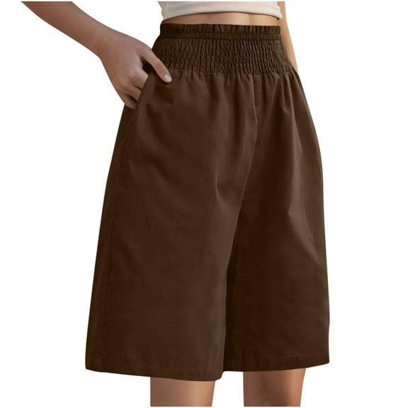 Olyvenn Stylish Bermuda Linen Shorts for Women Summer Wide Leg Knee Length High Waisted Shorts Casual Workout Long Short with Pockets Brown S