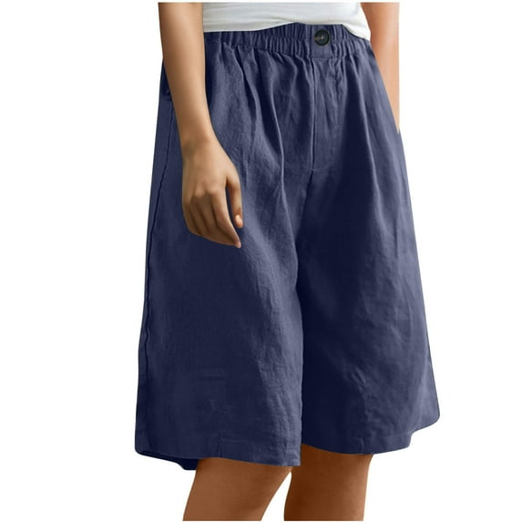 Olyvenn Stylish Bermuda Shorts for Women Wide Leg Cotton Linen Knee Length Casual Shorts Summer Loose High Waisted Short with Pockets Navy XXL