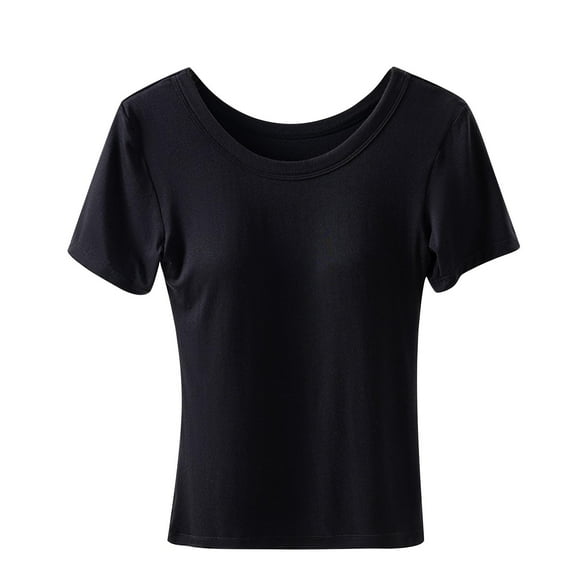 Olyvenn Stylish Built in Bra T Shirts for Women Causal Summer Short Sleeve Tops Loose Crewneck Trendy Lightweight Tunic Blouse Black XXXL