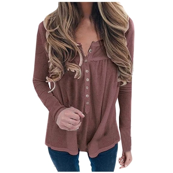 Olyvenn Stylish Button Up Tunic Tops for Women Loose V Neck Long Sleeve Pullover Casual Solid T-Shirts Spring Clothes Wine 16-18