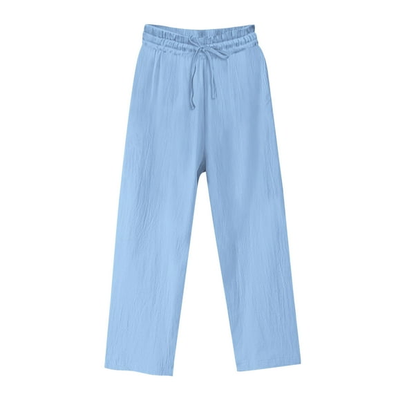 Olyvenn Stylish Capri Pants for Women Casual Summer Drawstring Elastic High Waist Linen Pants Wide Leg Plus Size Lounge Capris Light Blue XXXL